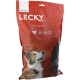 Sac de nourriture pour chien rouge étiqueté "LECKY" avec un chien souriant. Détails : "Klein & Fein Mini," "Classic," ">64 % de viande," "sans gluten," "friandise molle."