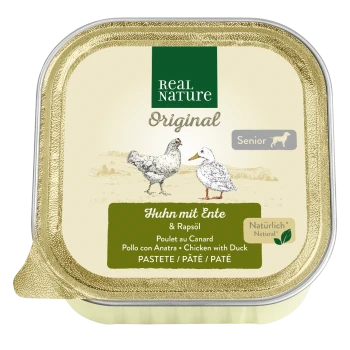 Real Nature Original Hundefutter für Senioren in einem goldverzierten Behälter, mit Huhn- und Entenillustrationen und mehrsprachigem Text.