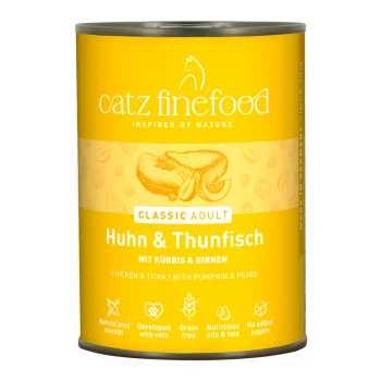Catz Finefood Classic Adult Katzenfutterdose, Huhn und Thunfisch mit Kürbis und Birnen, getreidefrei, ohne Zuckerzusatz.