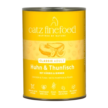 Catz Finefood Classic Adult Katzenfutterdose, Huhn und Thunfisch mit Kürbis und Birnen, getreidefrei, ohne Zuckerzusatz.