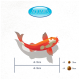 Bunte Koi-Fisch-Illustration mit Größenrichtlinien für 3 mm und 6 mm Futterpellets, mit dem Logo "AQUARIS" oben.