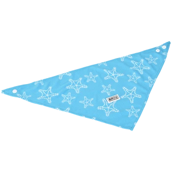 Blue pet bandana featuring white starfish patterns, with a label reading "AniOne" on the bottom right corner.