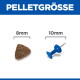 PELLETGROOTTE koptekst; links 8 mm bruin korreltje, rechts 10 mm blauwe punaise voor groottevergelijking.