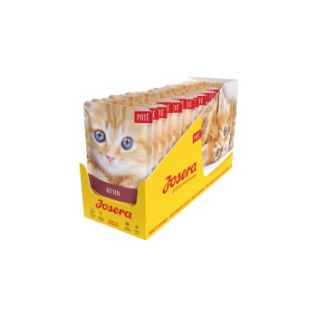 Darstellung der Verpackung von Josera Kätzchen-Pâté mit einem niedlichen orangefarbenen Kätzchen auf der Vorderseite, mit dem Text "KITTEN" und gelbem Boxdesign.