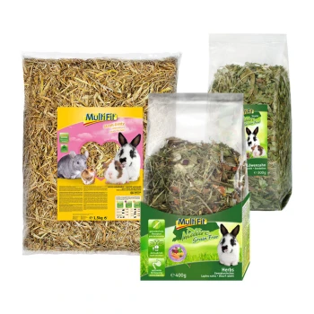 Grain Free Zwergkaninchen Geschenk-Set 3tlg. 2,2 kg Drei Multifit Haustierfutterprodukte: 1,5 kg Strohtüte mit Kaninchen, 400 g getreidefreie Kräuter und 300 g Löwenzahn-Snacks.