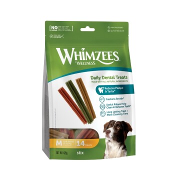 Sachet Whimzees Wellness Daily Dental Treats pour chiens (M) 14 stix, emballage vert montrant des bâtonnets dentaires multicolores et un chien.