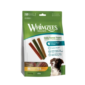 Sachet Whimzees Wellness Daily Dental Treats pour chiens (M) 14 stix, emballage vert montrant des bâtonnets dentaires multicolores et un chien.