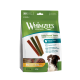 Beutel Whimzees Wellness Daily Dental Treats für Hunde (M), 14 Stix, grüne Verpackung mit mehrfarbigen Zahnsticks und einem Hund.