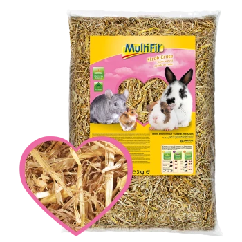 A 3kg bag of MultiFit straw bedding for small pets, featuring images of a chinchilla, hamster, and rabbit on a pink background.
