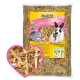 Ein 3 kg Sack MultiFit Stroh-Bettung für kleine Haustiere, mit Bildern eines Chinchillas, Hamsters und Kaninchens auf einem rosa Hintergrund.