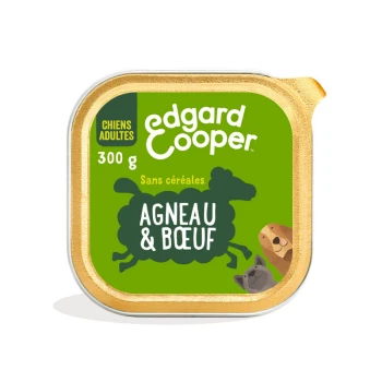 Emballage de nourriture pour chiens Edgard Cooper, 300g, avec un fond vert et le texte "Agneau & Bœuf" et "Sans céréales" pour chiens adultes.
