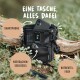 Eine schwarze Tasche für Haustierzubehör liegt auf dem Boden mit einem Smartphone darin, beschriftet für Schlüssel und Kotbeutel. Text: "Eine Tasche, alles dabei."