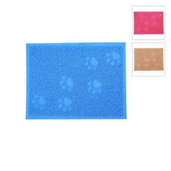 Blaue Haustiermatte mit Pfotenabdruckdesigns, zusammen mit rosa und beigen Farboptionen präsentiert.