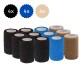 Eine Sammlung von 12 Rollen selbstklebenden Verbandwickeln in Schwarz, Blau und Beige, mit der Aufschrift "4x" für jede Farbe.