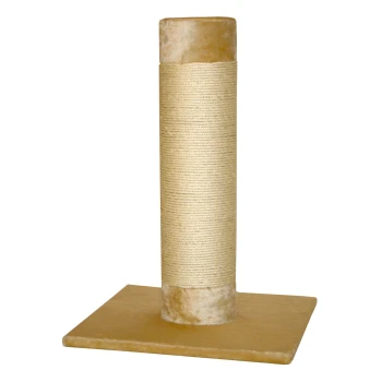Un griffoir pour chat beige avec un dessus doux et une base robuste, présentant une section médiane en corde texturée pour gratter.
