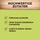Grüner Hintergrund mit "HOCHWERTIGE ZUTATEN" oben und drei mit Häkchen versehenen Aufzählungspunkten: "Fettarme Leckerlis," "Ohne Zusatz," "Leicht teilbar."