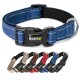 Blaues Haustierhalsband mit einer schwarzen Schnalle und einem silbernen D-Ring, mit dem Markennamen "lionto" auf der Schnalle.
