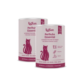 Zwei pinke KatKare Perlhuhn Essential Snack-Dosen für Katzen mit magenta Katzen-Icon und Slogan 'Snack good. Do good. Feel good.'