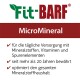 Etikett des Fit-BARF MicroMineral-Produkts, das die tägliche Zufuhr von Mineralien, Vitaminen und Spurenelementen hervorhebt, mit einer 20-jährigen Erfolgsbilanz.