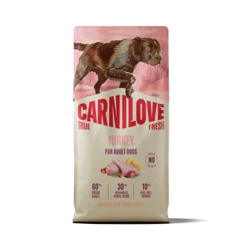 Sac de nourriture Carnilove avec illustration d'un chien courant, 'Dinde pour chiens adultes' — 60 % de dinde fraîche, 30 % de légumes/fruits/herbes.