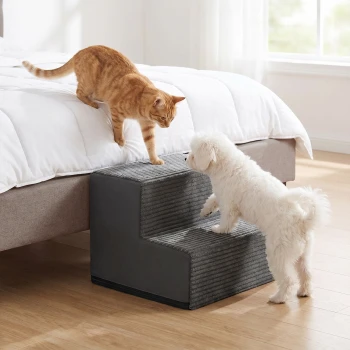 Weißer, flauschiger kleiner Hund steigt eine graue Haustiertreppe mit zwei Stufen hinauf, während eine orangegetigerte Katze vom Bett hinunterreicht in einem hellen Schlafzimmer.