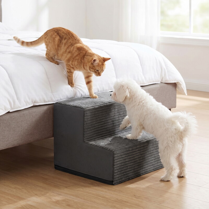 FEANDREA Hundetreppe, 2/3/4/5 Stufen Haustiertreppe aus grauem Cordstoff Waschbar schiefergrau M