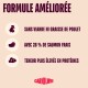 Étiquette d'aliment pour animaux : FORMULE AMÉLIORÉE ; pas de viande ni de graisse de poulet ; 26 % de saumon frais ; teneur en protéines augmentée. Marque CARNILOVE