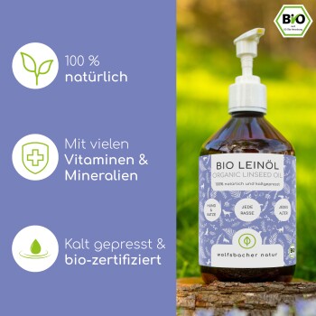 Ein Hund auf grünem Gras neben einer "BIO LEINÖL" Flasche, die Vorteile für Haut, Fellgesundheit, Entgiftung und Blutdruck hervorhebt.