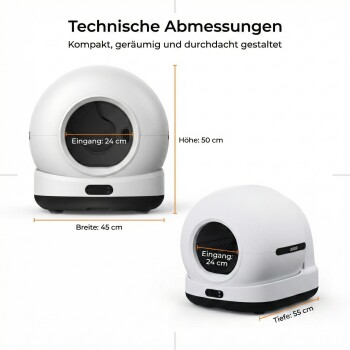 Weiße kugelförmige Katzentoilette mit deutschem Titel 'Technische Abmessungen'; Eingang 24 cm, H50×W45×D55 cm.