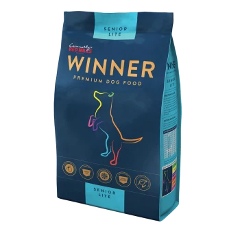 A bag of "Winner" Premium Dog Food for seniors, featuring a colorful outline of a dog and icons for nutritional benefits.