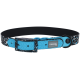 Blau-schwarzes gesprenkeltes verstellbares Haustierhalsband mit Schnalle und "KERBL pet"-Logoschild.