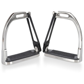 Zwei Edelstahl-Pferde-Steigbügel mit schwarzen Gummisohlen, mit dem Markennamen "EQUINATE" auf der Seite eingraviert.