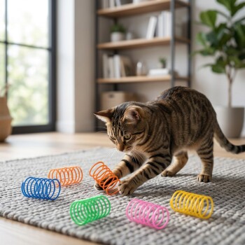 Tabby cat batting colorful coil spring toys (blue, orange, green, pink, yellow) on a gray rug in a living room.