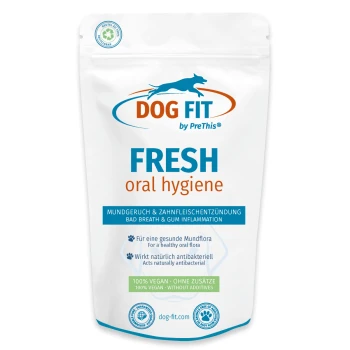 Weißer wiederverschließbarer Beutel mit Aufschrift 'DOG FIT by PreThis' FRESH Mundhygiene – Mundgeruch & Zahnfleischentzündungen, 100 % vegan.
