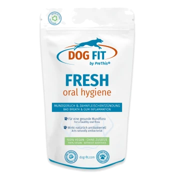 Weißer wiederverschließbarer Beutel mit Aufschrift 'DOG FIT by PreThis' FRESH Mundhygiene – Mundgeruch & Zahnfleischentzündungen, 100 % vegan.