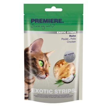 Eine Katze mit grünen Augen wird neben einer Packung "Premiere Exotic Strips" Katzenleckerlis gezeigt, beschriftet mit "Huhn" und "mit Kokos."