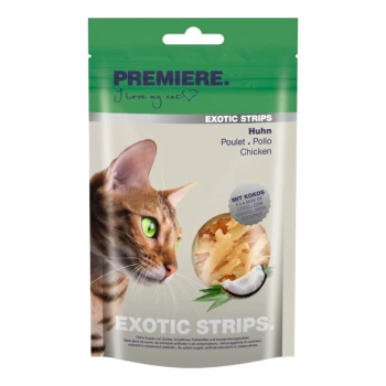 Un chat aux yeux verts est présenté à côté d'un paquet de friandises pour chats "Premiere Exotic Strips", étiqueté "Huhn" (poulet) et "mit Kokos" (avec noix de coco).