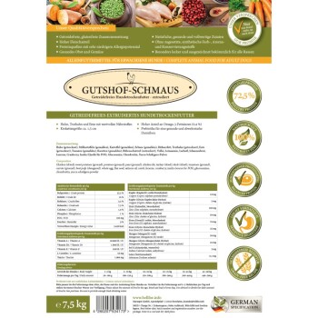 Hundfutterpaket "Gutshof-Schmaus," getreidefrei, hoher Proteingehalt (72,5%), mit Huhn, Truthahn, Ente, Omega-3-Fettsäuren und Probiotika für Erwachsene.
