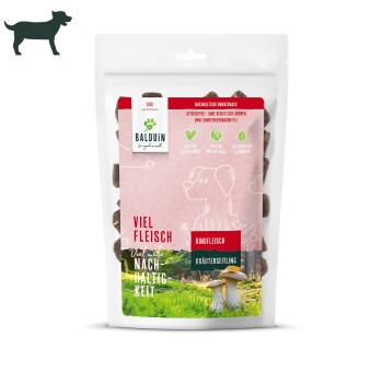 Nachhaltige Verpackung für Hundesnacks mit einer verspielten Hundillustration, beschriftet mit "Viel Fleisch" und "Rindfleisch."