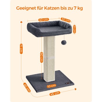 Katzenbaum geeignet für Katzen bis 7 kg, mit einem plüschigen Ruhebereich, Kratzbaum und einem hängenden Spielzeug. Abmessungen beschriftet.