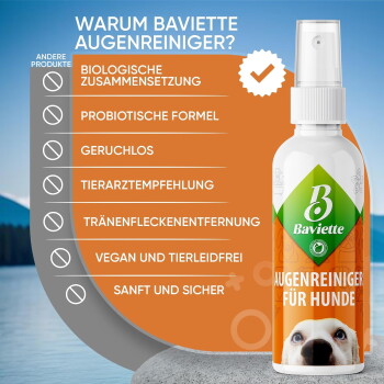 Baviette-Spray "Augenreiniger für Hunde" mit orangefarbenem Vorteilsfeld mit dem Titel "Warum Baviette Augenreiniger?".