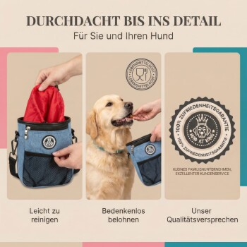 Ein Paar führt einen Hund an der Leine in einem Park, mit einer blauen sternförmigen Überlagerung, die Kundenbewertungen zu einem Haustierprodukt zeigt.