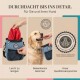 Ein Paar führt einen Hund an der Leine in einem Park, mit einer blauen sternförmigen Überlagerung, die Kundenbewertungen zu einem Haustierprodukt zeigt.