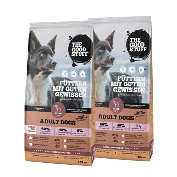 Zwei Tüten "The Good Stuff" Hundefutter für erwachsene Hunde, mit einem Border Collie auf der Vorderseite, mit Text in Deutsch und Englisch.