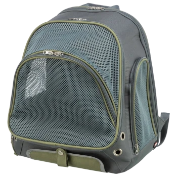 Grauer Haustiertrage-Rucksack mit Netzseiten, Reißverschlüssen und grünem Besatz, entworfen für den komfortablen Transport kleiner Haustiere.