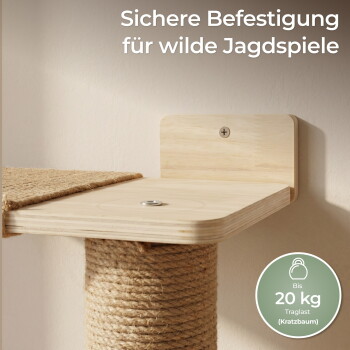 Hölzerne wandmontierte Katzenplattform mit Sisalpfosten; Text 'Sichere Befestigung für wilde Jagdspiele' und Plakette 'Bis 20 kg'