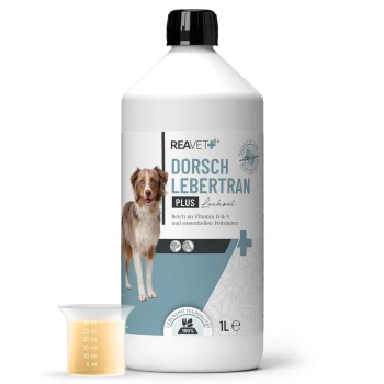 Flasche REAVET Dorschlebertran plus Lachsöl für Hunde, 1 Liter, mit einem Hund auf dem Etikett und Text über die Vitamine D & A.