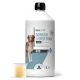 Flasche REAVET Dorschlebertran plus Lachsöl für Hunde, 1 Liter, mit einem Hund auf dem Etikett und Text über die Vitamine D & A.