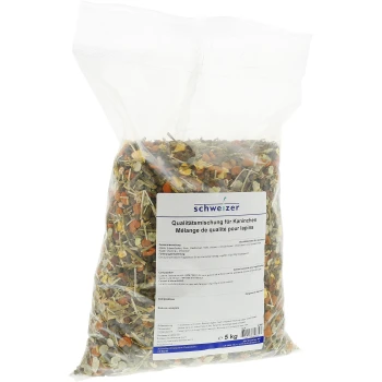 Sac de 5 kg de mélange de nourriture pour lapins, contenant des herbes et des légumes séchés, étiqueté en allemand et en français avec des informations nutritionnelles.
