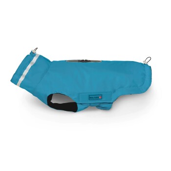 Blauer wasserdichter Hundemantel mit reflektierendem Streifen und „Wolters“-Etikett, entworfen zum Schutz von Haustieren im Freien.